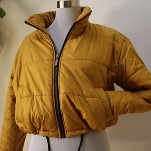 BP GOLD OCHRE PUFFER COAT WITH ZIPPER AND CINCH WAIST